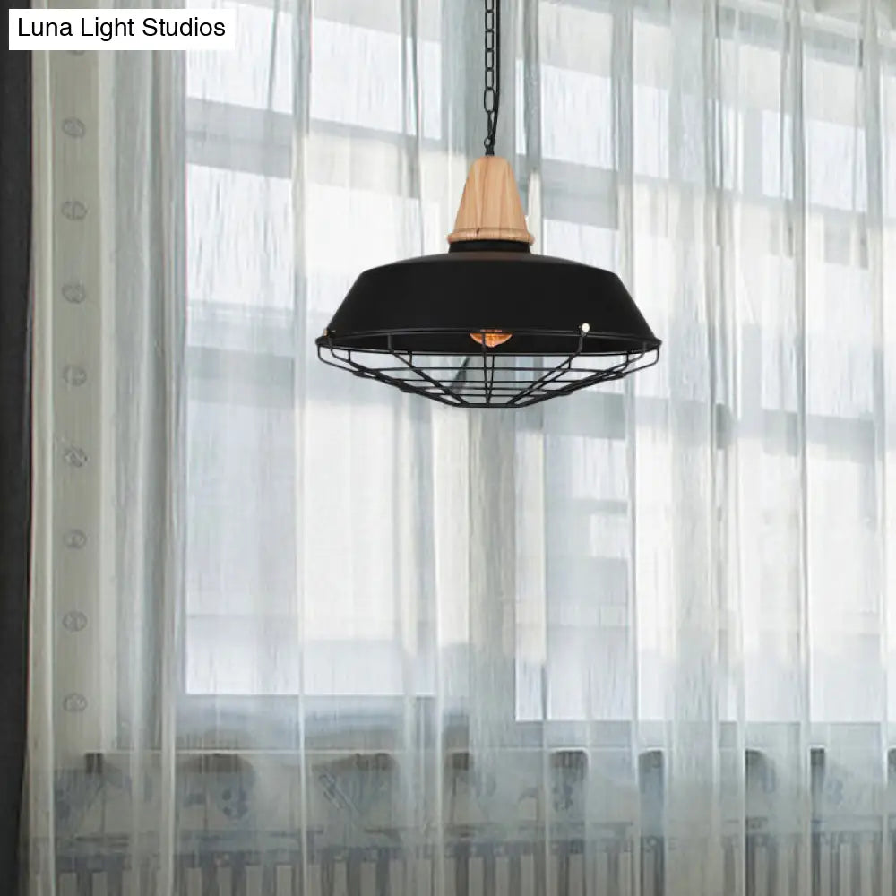 Metallic Retro Style Ceiling Hanging Pendant Light with Barn and Wire Guard, 1 Head, Black, 3 Sizes Available