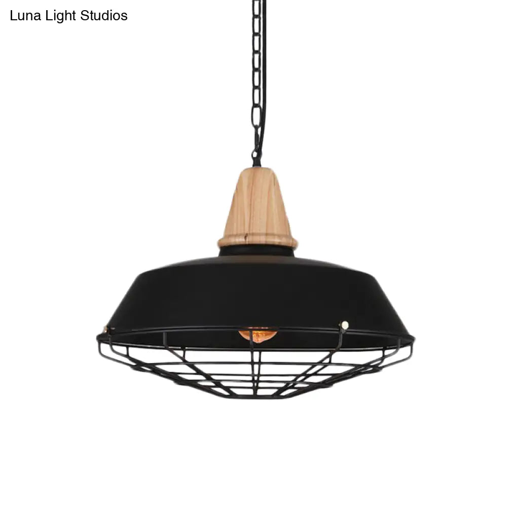 Metallic Retro Style Ceiling Hanging Pendant Light with Barn and Wire Guard, 1 Head, Black, 3 Sizes Available