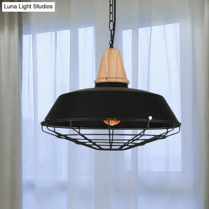 Metallic Retro Style Ceiling Hanging Pendant Light with Barn and Wire Guard, 1 Head, Black, 3 Sizes Available