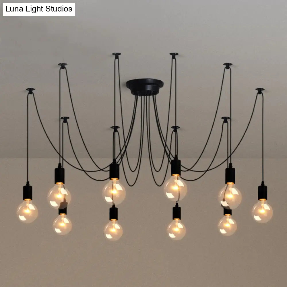 Metallic Swag Pendant Chandelier with Exposed Industrial Bulbs for Living Room in Black