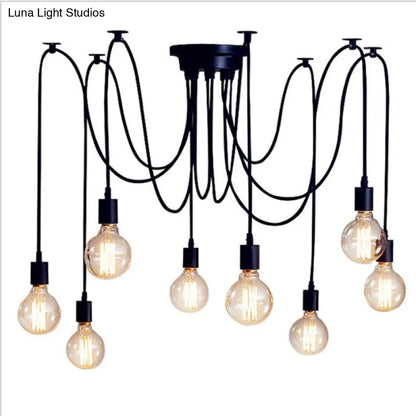 Metallic Swag Pendant Chandelier with Exposed Industrial Bulbs for Living Room in Black