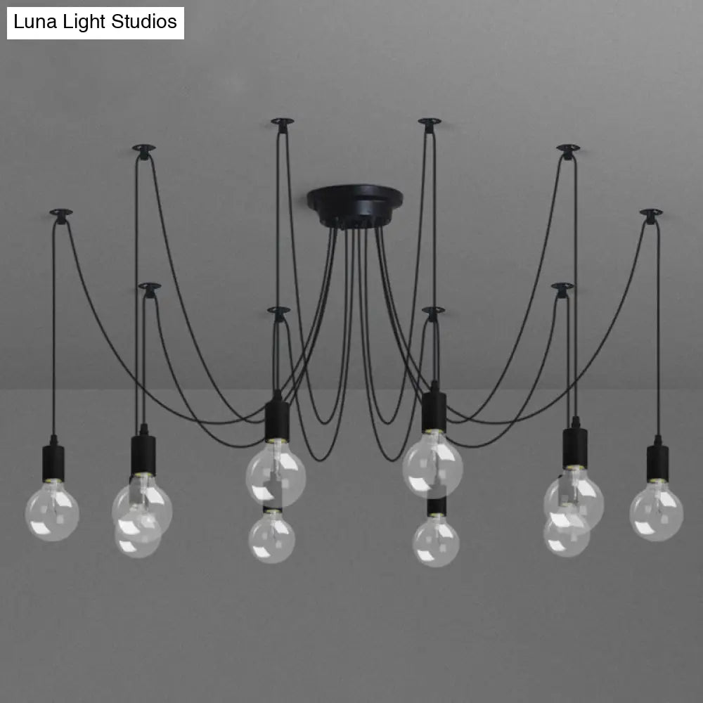 Metallic Swag Pendant Chandelier with Exposed Industrial Bulbs for Living Room in Black