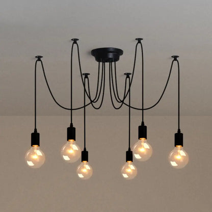 Metallic Swag Pendant Chandelier with Exposed Industrial Bulbs for Living Room in Black