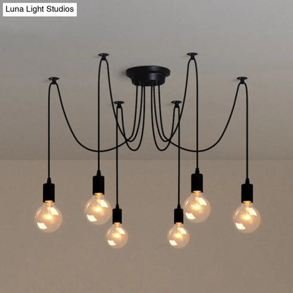 Metallic Swag Pendant Chandelier with Exposed Industrial Bulbs for Living Room in Black