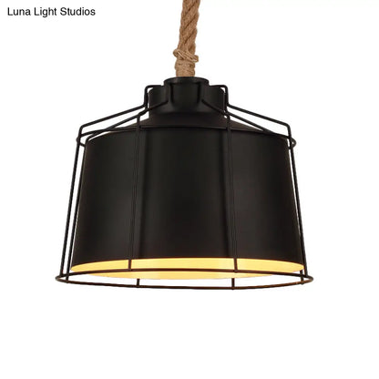 Metallic Tapered Pendant Light - Loft Style - 1 Light - Restaurant Ceiling Fixture - Black, with Wire Frame & Rope Cord