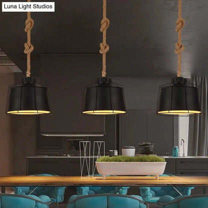 Metallic Tapered Pendant Light - Loft Style - 1 Light - Restaurant Ceiling Fixture - Black, with Wire Frame & Rope Cord