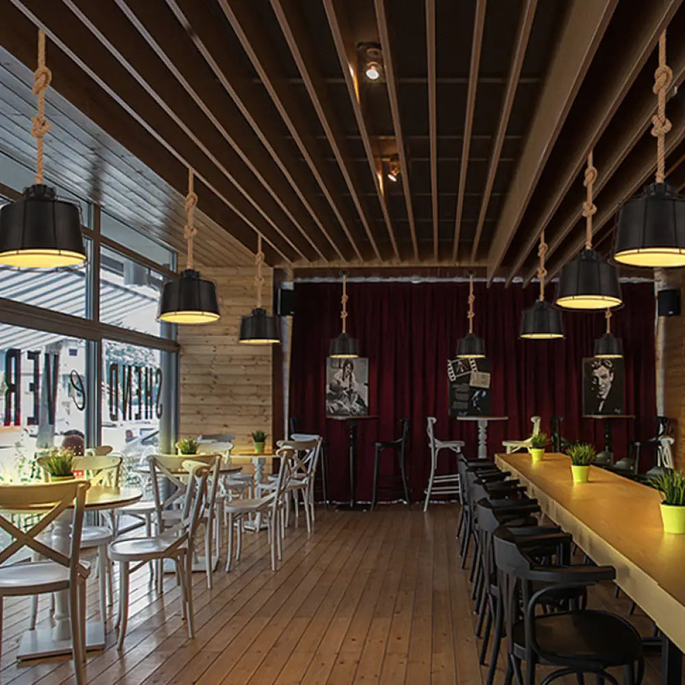 Metallic Tapered Pendant Light - Loft Style - 1 Light - Restaurant Ceiling Fixture - Black, with Wire Frame & Rope Cord