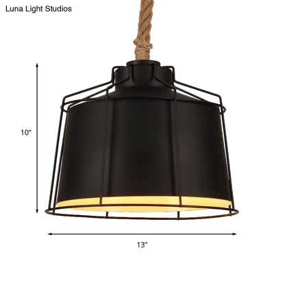 Metallic Tapered Pendant Light - Loft Style - 1 Light - Restaurant Ceiling Fixture - Black, with Wire Frame & Rope Cord