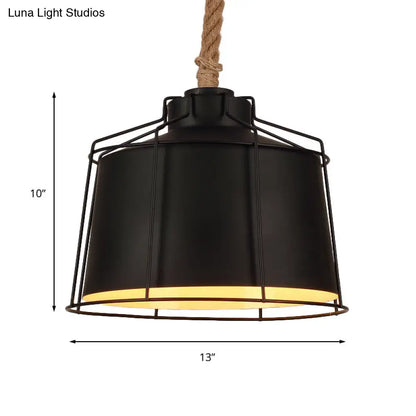 Metallic Tapered Pendant Light - Loft Style - 1 Light - Restaurant Ceiling Fixture - Black, with Wire Frame & Rope Cord