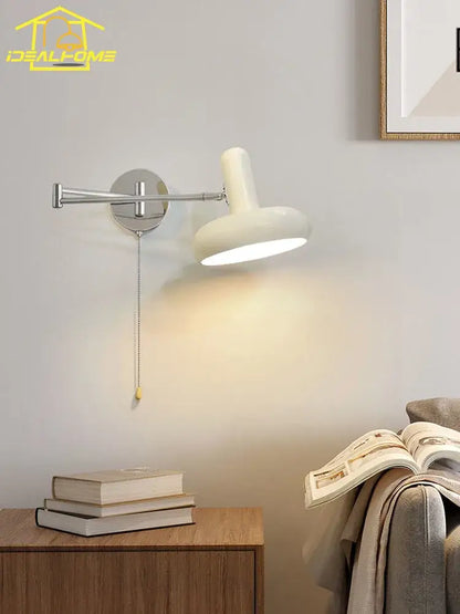 Cream-colored wall lamp with chrome adjustable arm and pull-chain switch for bedroom reading decorbites cream wind wall