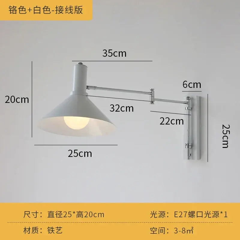White matte iron wall lamp with adjustable arm and conical shade for decorbites cream wind wall bedroom reading light