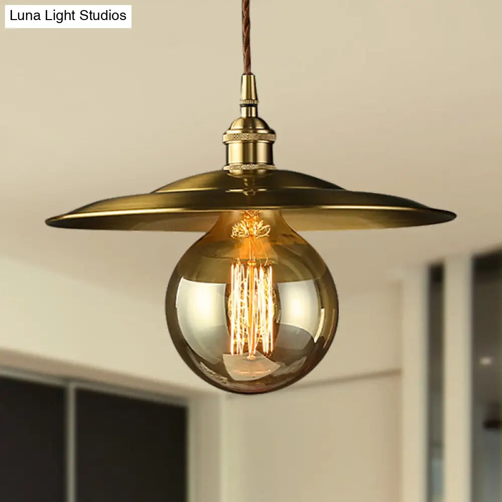 Mid Century 1-Light Brass Pendant with Adjustable Cord - Modern Flat Shade Ceiling Fixture