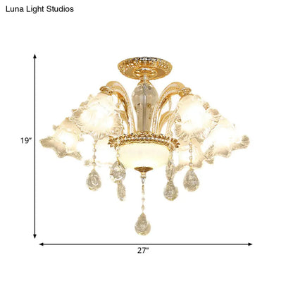 DecorBites™ DecorBites™ Mid Century 6-Light Flower K9 Crystal Semi Flush Mount Ceiling Fixture in Gold Finish