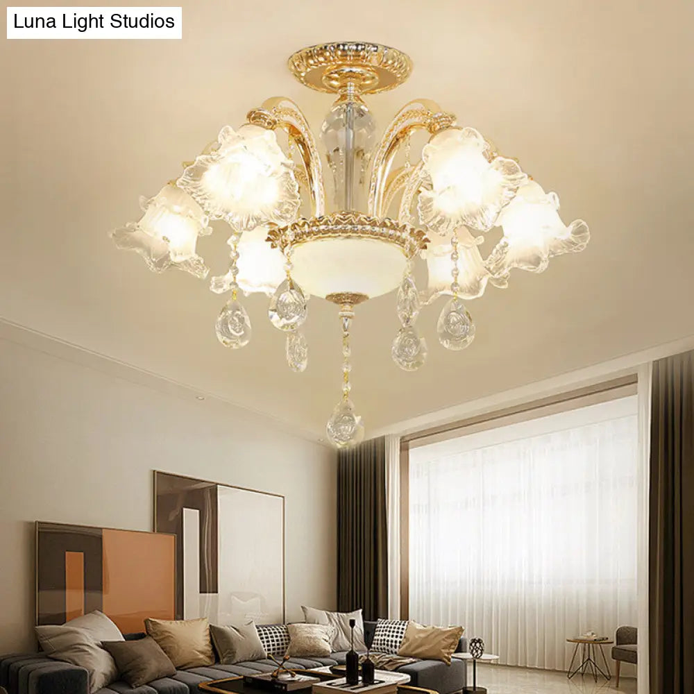 DecorBites™ DecorBites™ Mid Century 6-Light Flower K9 Crystal Semi Flush Mount Ceiling Fixture in Gold Finish