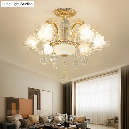 DecorBites™ DecorBites™ Mid Century 6-Light Flower K9 Crystal Semi Flush Mount Ceiling Fixture in Gold Finish