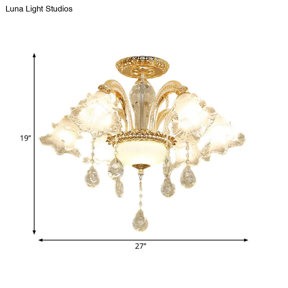 DecorBites™ DecorBites™ Mid Century 6-Light Flower K9 Crystal Semi Flush Mount Ceiling Fixture in Gold Finish