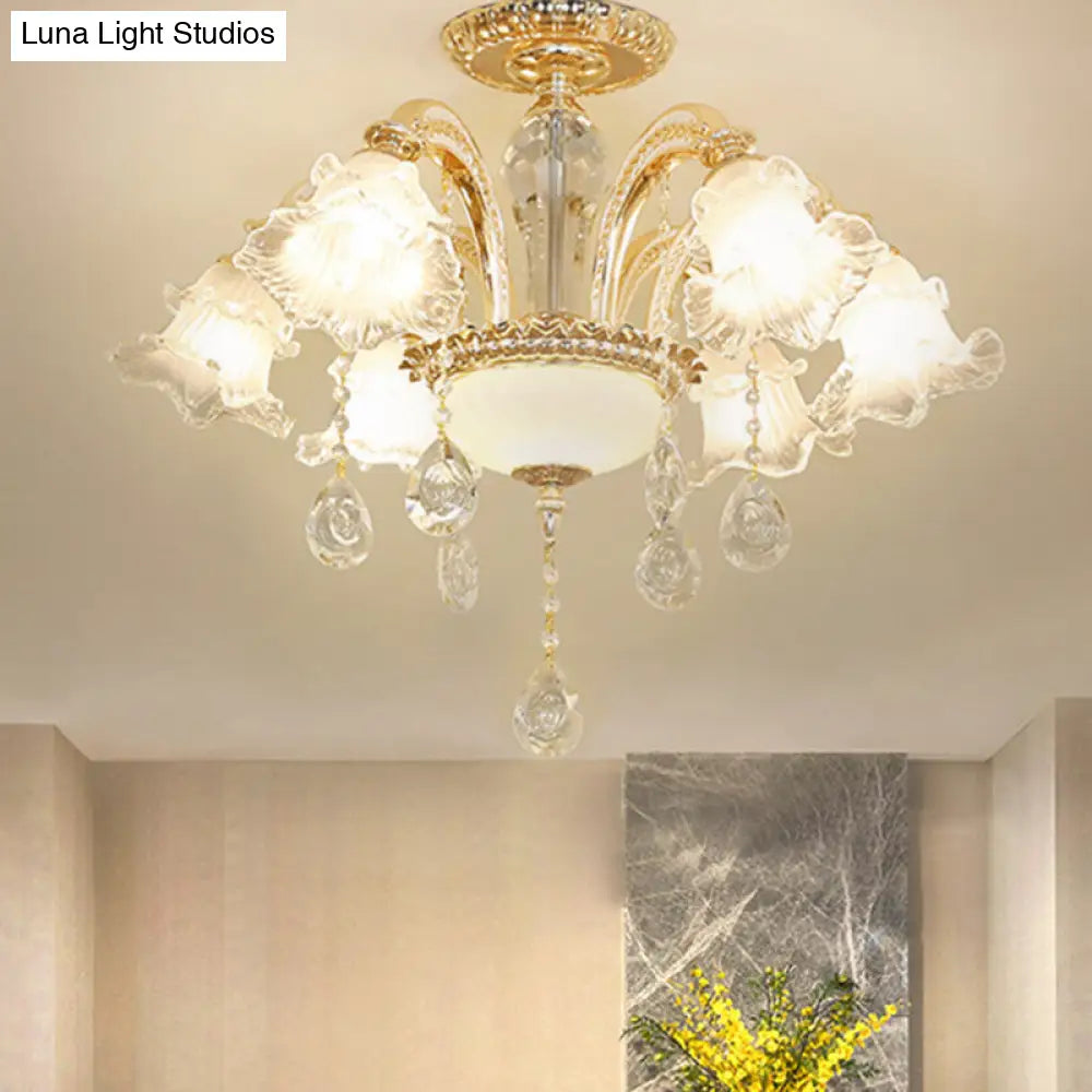 DecorBites™ DecorBites™ Mid Century 6-Light Flower K9 Crystal Semi Flush Mount Ceiling Fixture in Gold Finish