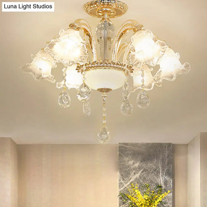 DecorBites™ DecorBites™ Mid Century 6-Light Flower K9 Crystal Semi Flush Mount Ceiling Fixture in Gold Finish