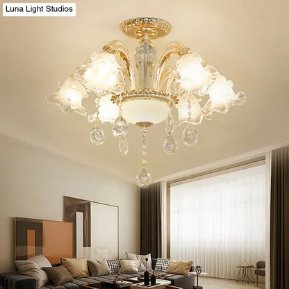 DecorBites™ DecorBites™ Mid Century 6-Light Flower K9 Crystal Semi Flush Mount Ceiling Fixture in Gold Finish