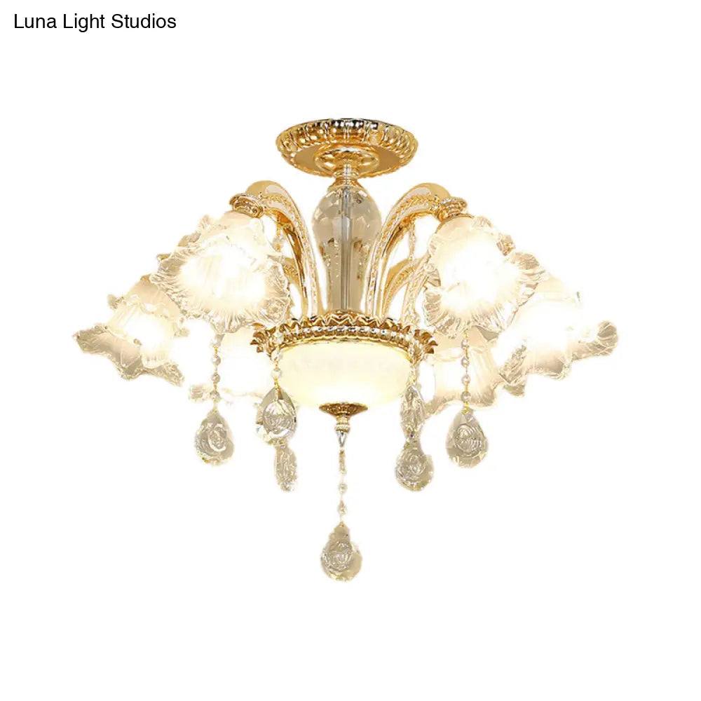 Mid Century 6-Light Flower K9 Crystal Semi Flush Mount Ceiling Fixture in Gold Finish