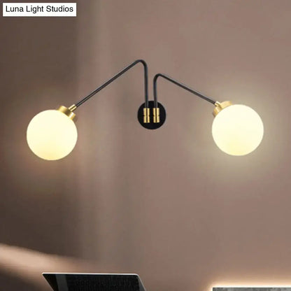 Modern black and brass double-arm wall sconce with frosted opal glass globes for e26 e27 bedroom lighting