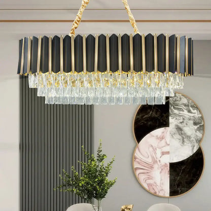 Mid century black and gold rectangular light fixture with cascading clear crystal droplets and braided golden cord
