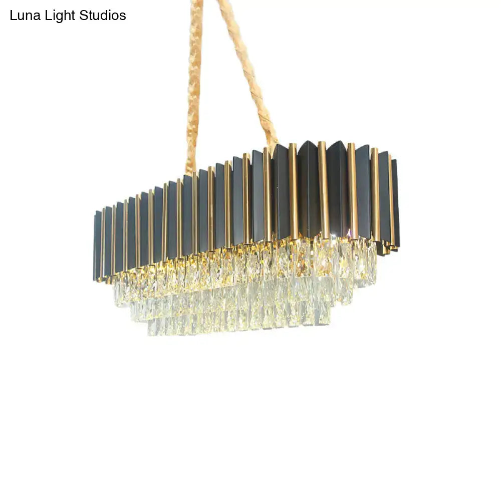 Modern black and gold rectangular light fixture with cascading crystal droplets crystal island pendant for dining room