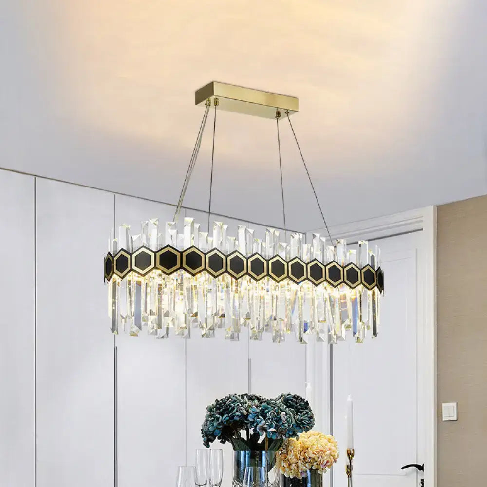 Mid-century black and gold crystal pendant light with gold rectangular mount and clear prisms for dining room 110v-120v