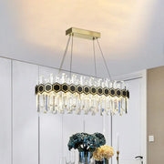 Mid-century black and gold crystal pendant light with gold rectangular mount and clear prisms for dining room 110v-120v