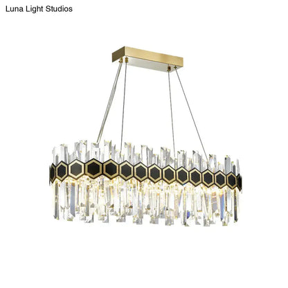 Mid-century black and gold crystal pendant light with gold ceiling mount and hexagonal ring for dining room 110v-120v