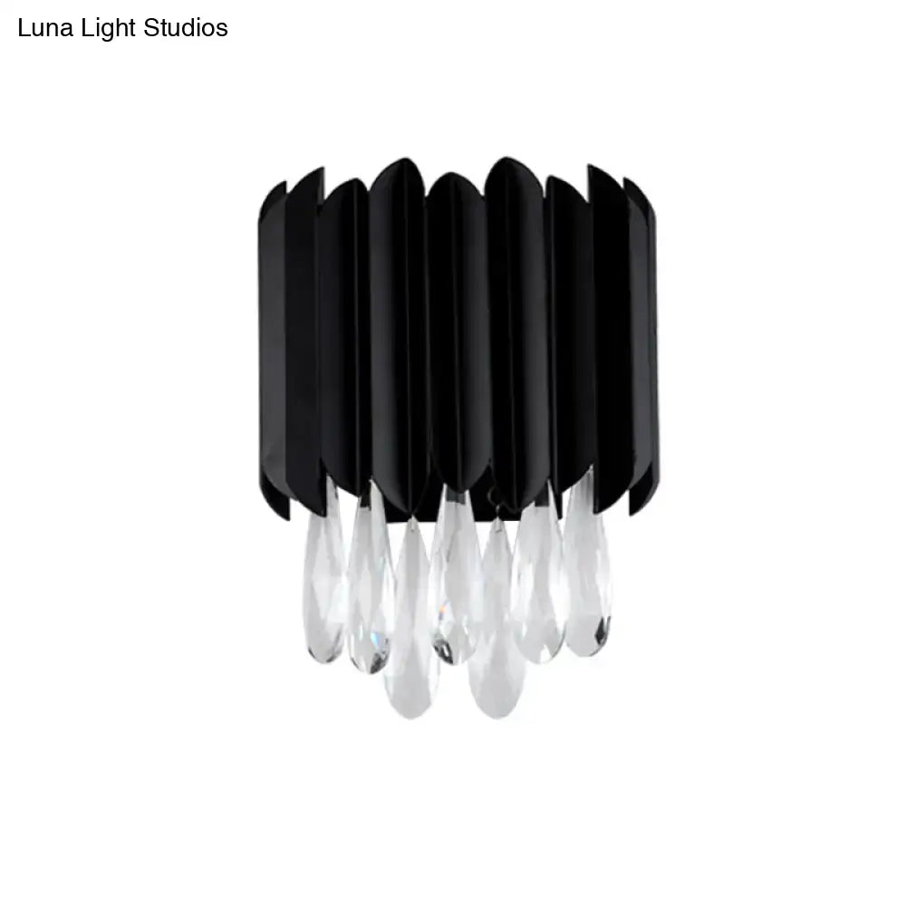 Mid century black metal chandelier with cascading clear crystal teardrops designed for e12 e14 light bulbs