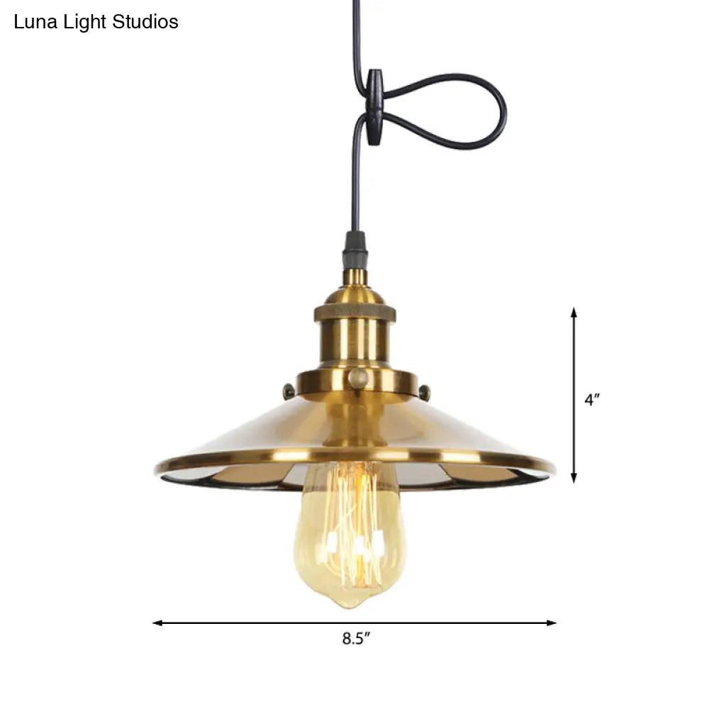 Mid Century Brass Finish Conic Pendant Light - Indoor Ceiling Lamp with Adjustable Cord