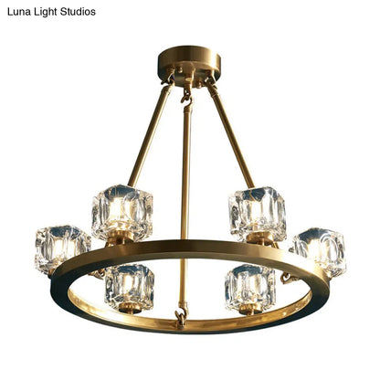 Mid-Century Brass Pendant Light: Ice Cube Crystal Chandelier with 6 Bulbs for Bedroom