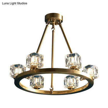 Mid-Century Brass Pendant Light: Ice Cube Crystal Chandelier with 6 Bulbs for Bedroom