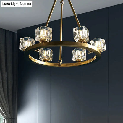 Mid-Century Brass Pendant Light: Ice Cube Crystal Chandelier with 6 Bulbs for Bedroom