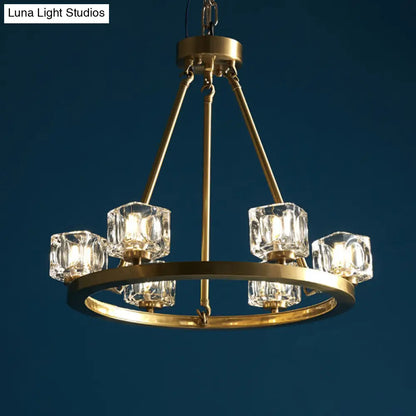 Mid-Century Brass Pendant Light: Ice Cube Crystal Chandelier with 6 Bulbs for Bedroom