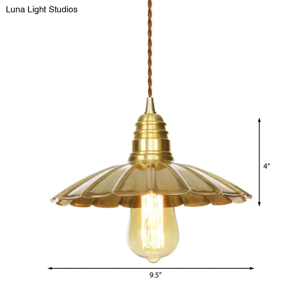 Mid-Century Brass Pendant Light with Amber Glass Shade for Dining Tables (9.5"/8" W, 1 Bulb)