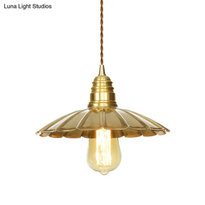 Mid-Century Brass Pendant Light with Amber Glass Shade for Dining Tables (9.5"/8" W, 1 Bulb)