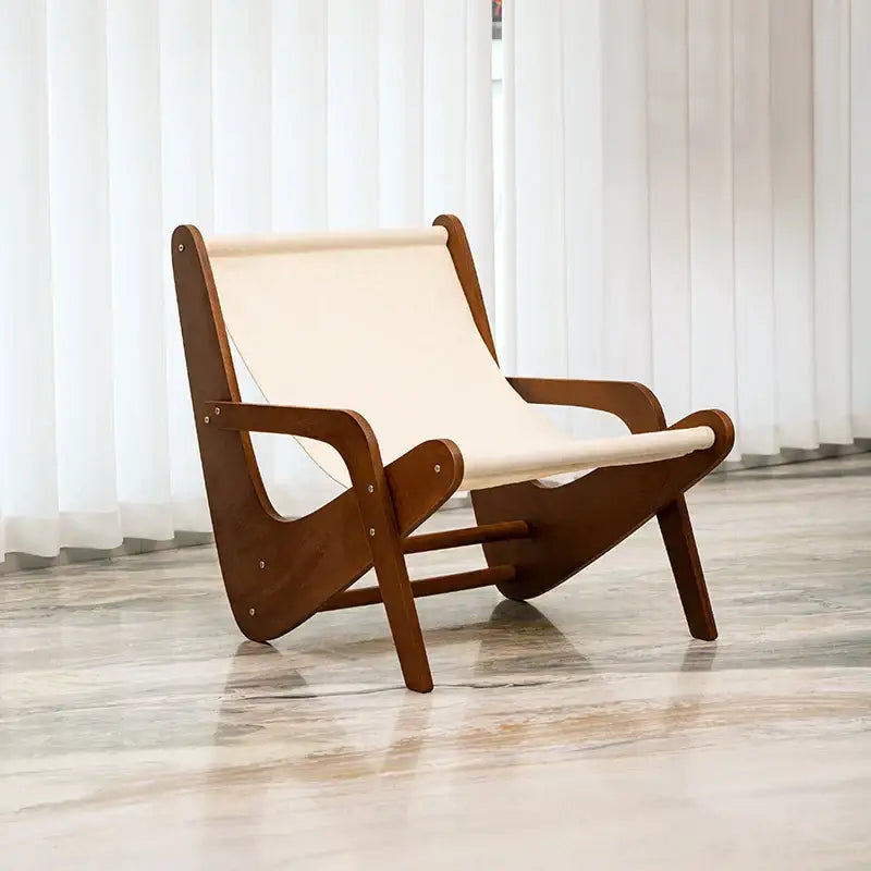 A sleek mid-century brown and cream decorbites canvas recliner with wooden frame for living room use