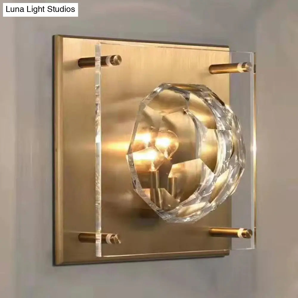 DecorBites™ DecorBites™ Mid Century Crystal Wall Lamp with Faceted Bowl Shade - 1 Light Parlor Sconce, Bronze Square Backplate