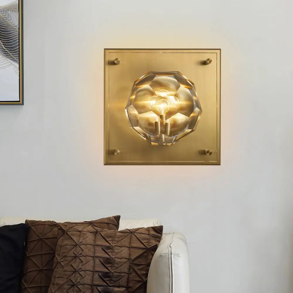 DecorBites™ DecorBites™ Mid Century Crystal Wall Lamp with Faceted Bowl Shade - 1 Light Parlor Sconce, Bronze Square Backplate