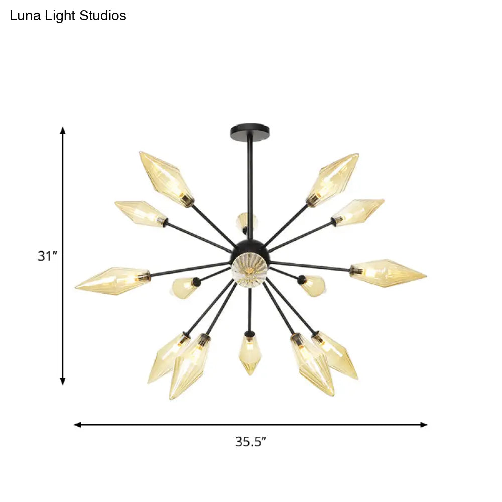 Mid-Century Diamond Shade Chandelier - Amber/Clear Ribbed Glass - 9/12/15 Lights - Living Room Pendant Lighting