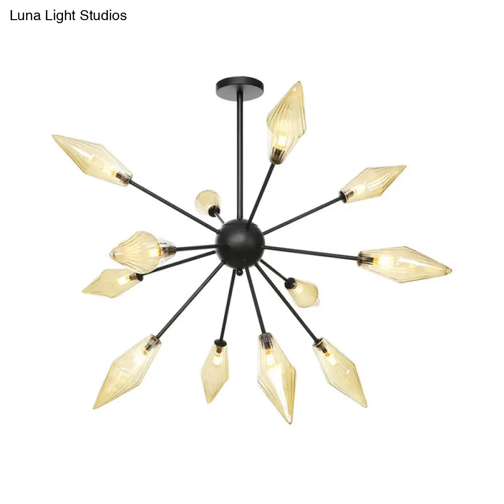 Mid-Century Diamond Shade Chandelier - Amber/Clear Ribbed Glass - 9/12/15 Lights - Living Room Pendant Lighting