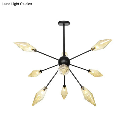 Mid-Century Diamond Shade Chandelier - Amber/Clear Ribbed Glass - 9/12/15 Lights - Living Room Pendant Lighting