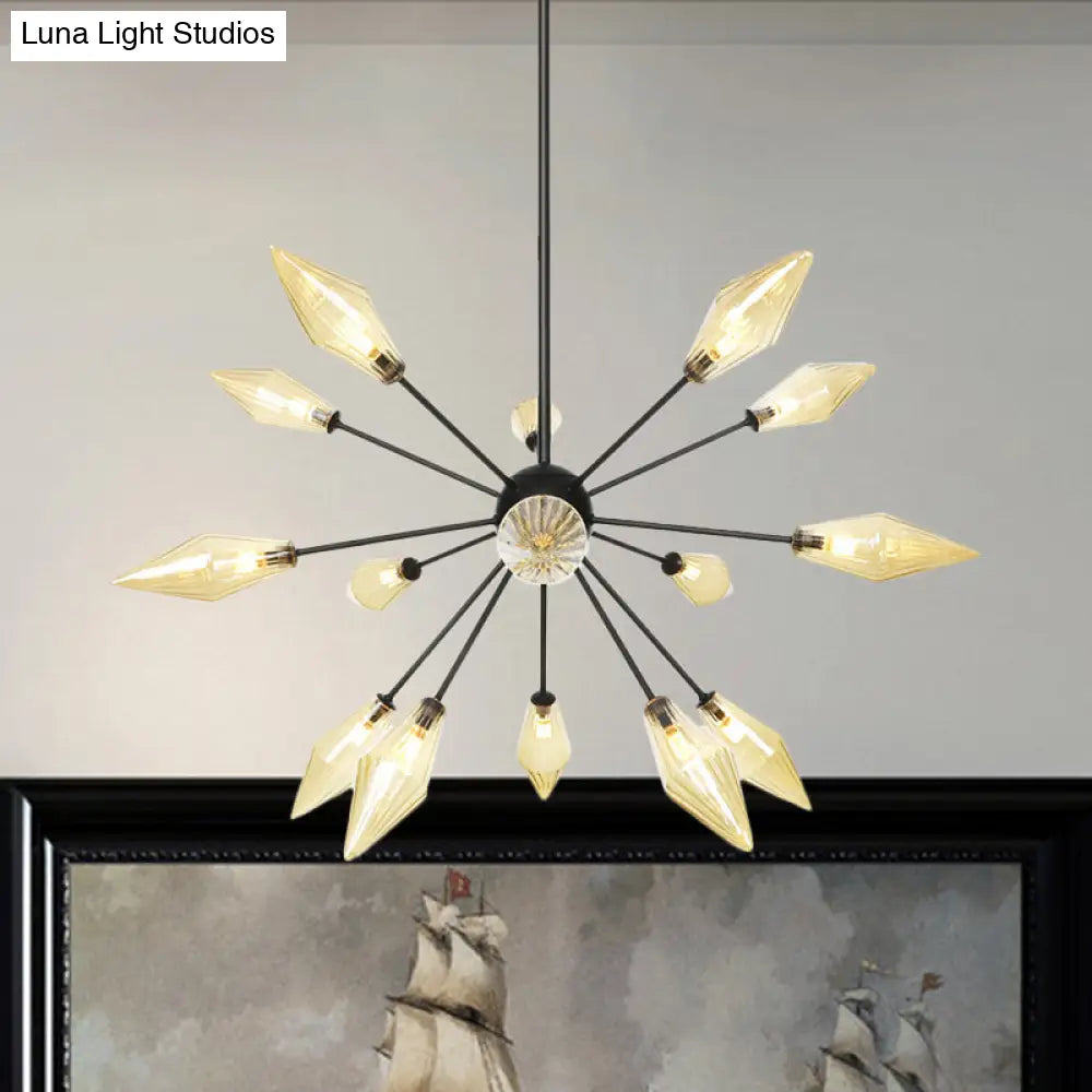 Mid-Century Diamond Shade Chandelier - Amber/Clear Ribbed Glass - 9/12/15 Lights - Living Room Pendant Lighting