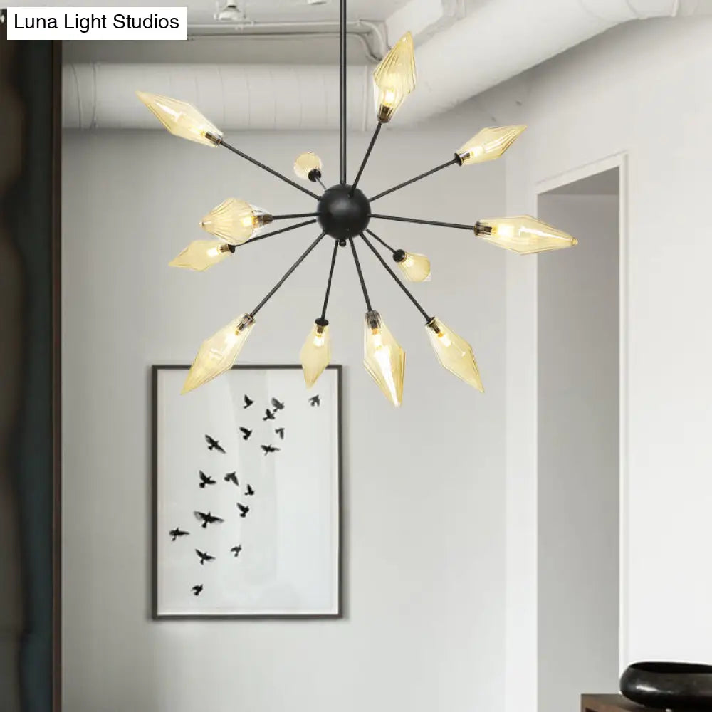 Mid-Century Diamond Shade Chandelier - Amber/Clear Ribbed Glass - 9/12/15 Lights - Living Room Pendant Lighting