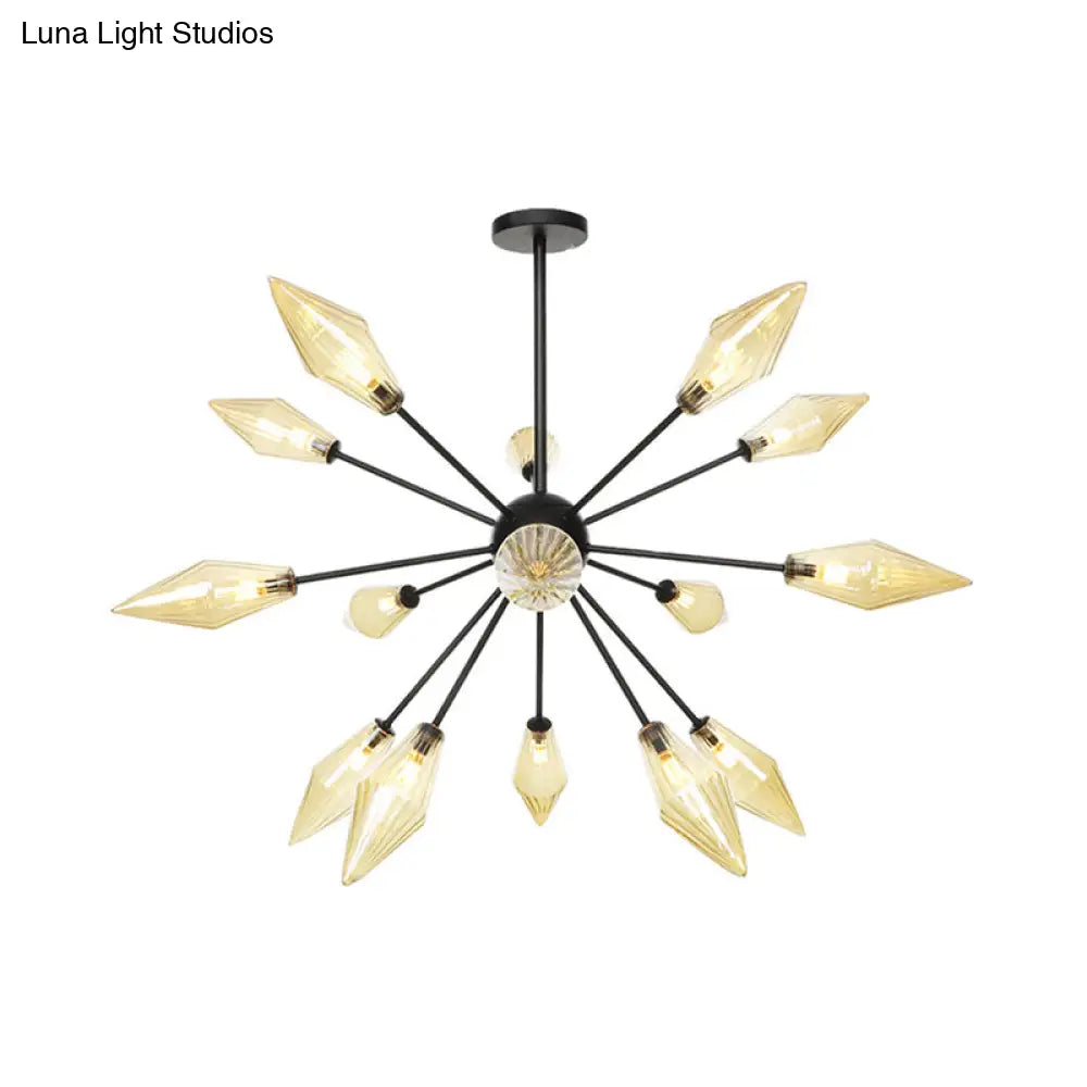 Mid-Century Diamond Shade Chandelier - Amber/Clear Ribbed Glass - 9/12/15 Lights - Living Room Pendant Lighting