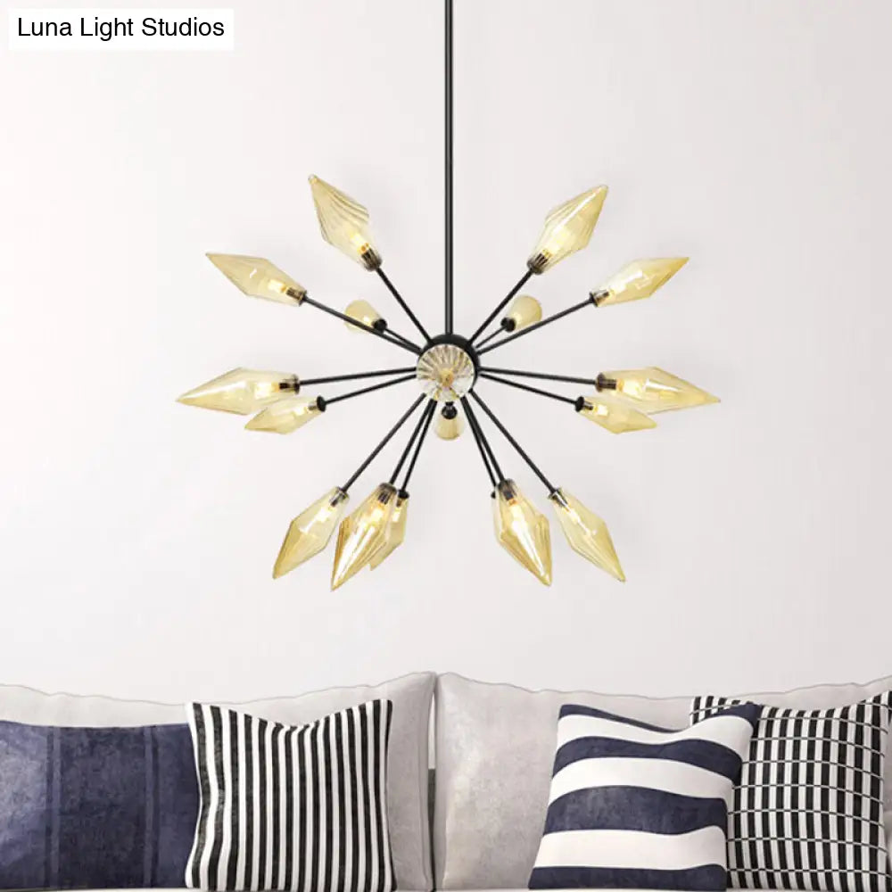Mid-Century Diamond Shade Chandelier - Amber/Clear Ribbed Glass - 9/12/15 Lights - Living Room Pendant Lighting