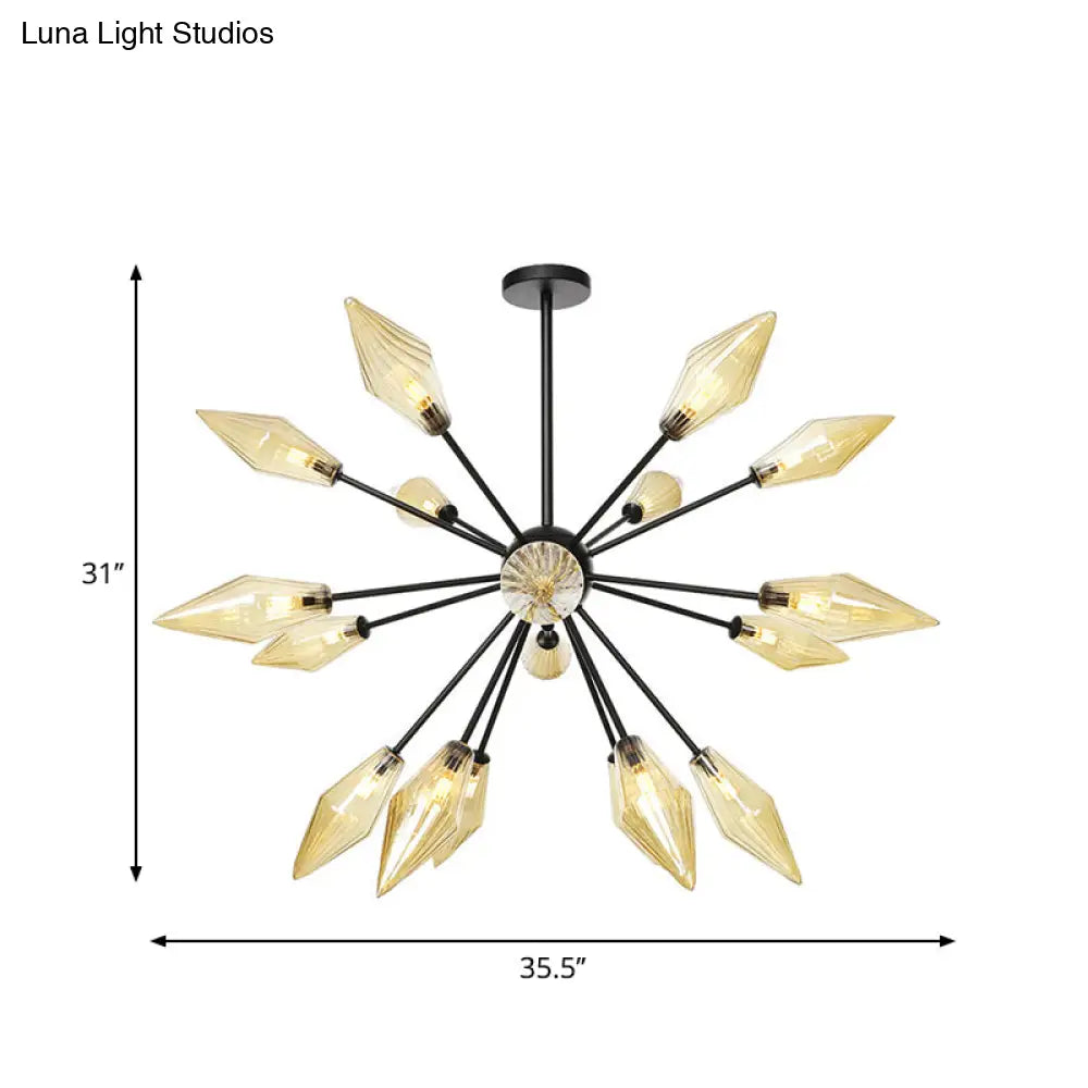 Mid-Century Diamond Shade Chandelier - Amber/Clear Ribbed Glass - 9/12/15 Lights - Living Room Pendant Lighting
