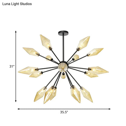 Mid-Century Diamond Shade Chandelier - Amber/Clear Ribbed Glass - 9/12/15 Lights - Living Room Pendant Lighting